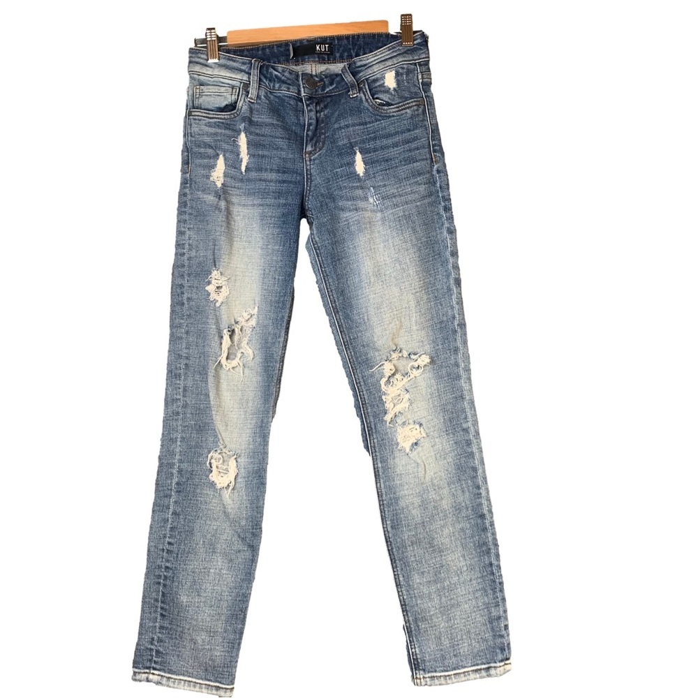 KUT from the Kloth Catherine Mid Rise Destroyed Distressed Medium Wash Denim 2